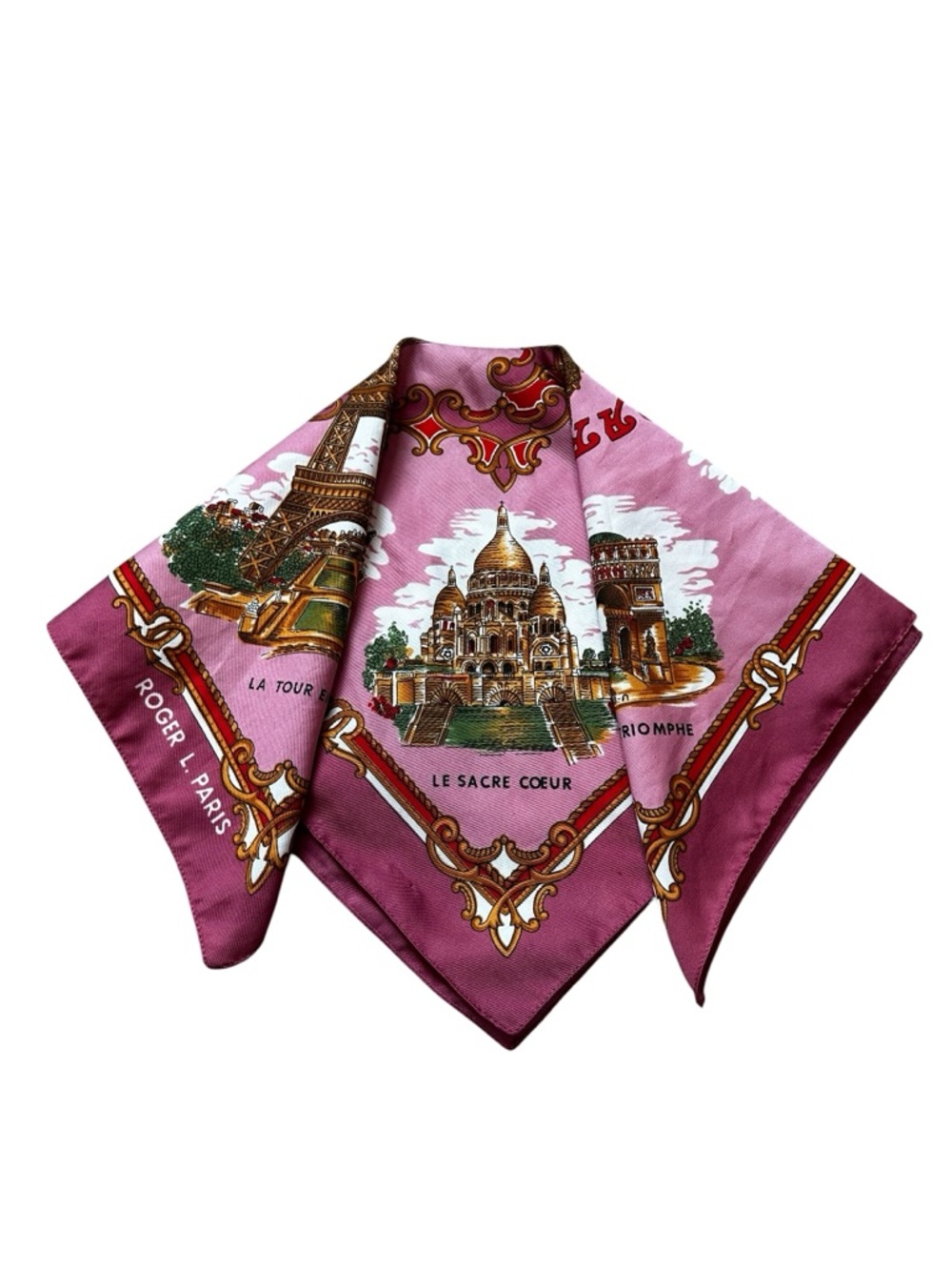 Roger L. Paris Pink Satin Square Scarf Persian Landmarks Print Luxury